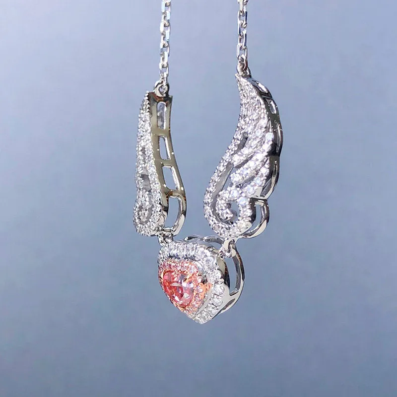 Pink Diamond Heart Angel Wings Pendant Necklace