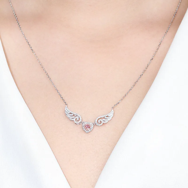 Pink Diamond Heart Angel Wings Pendant Necklace