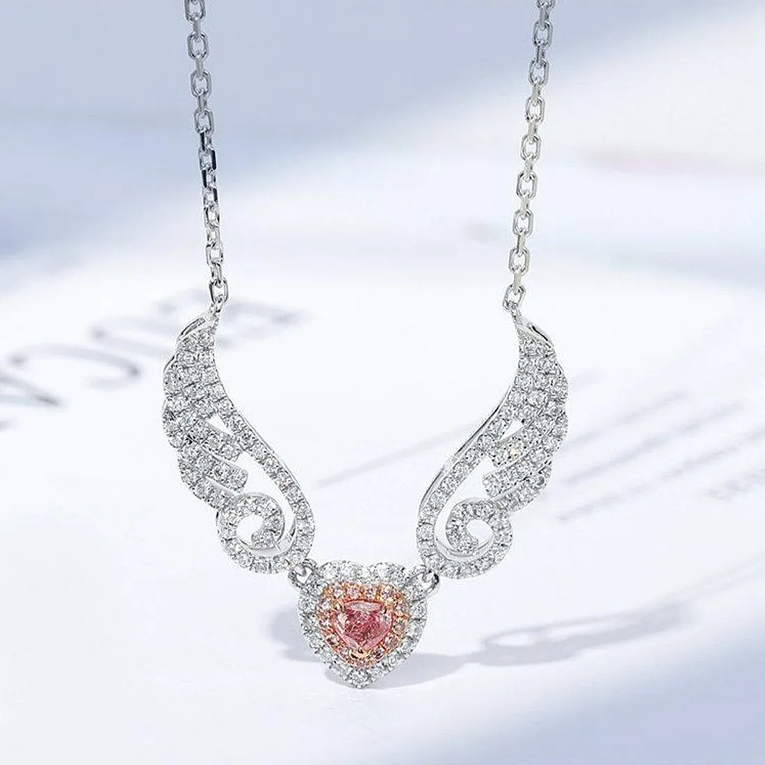 Pink Diamond Heart Angel Wings Pendant Necklace