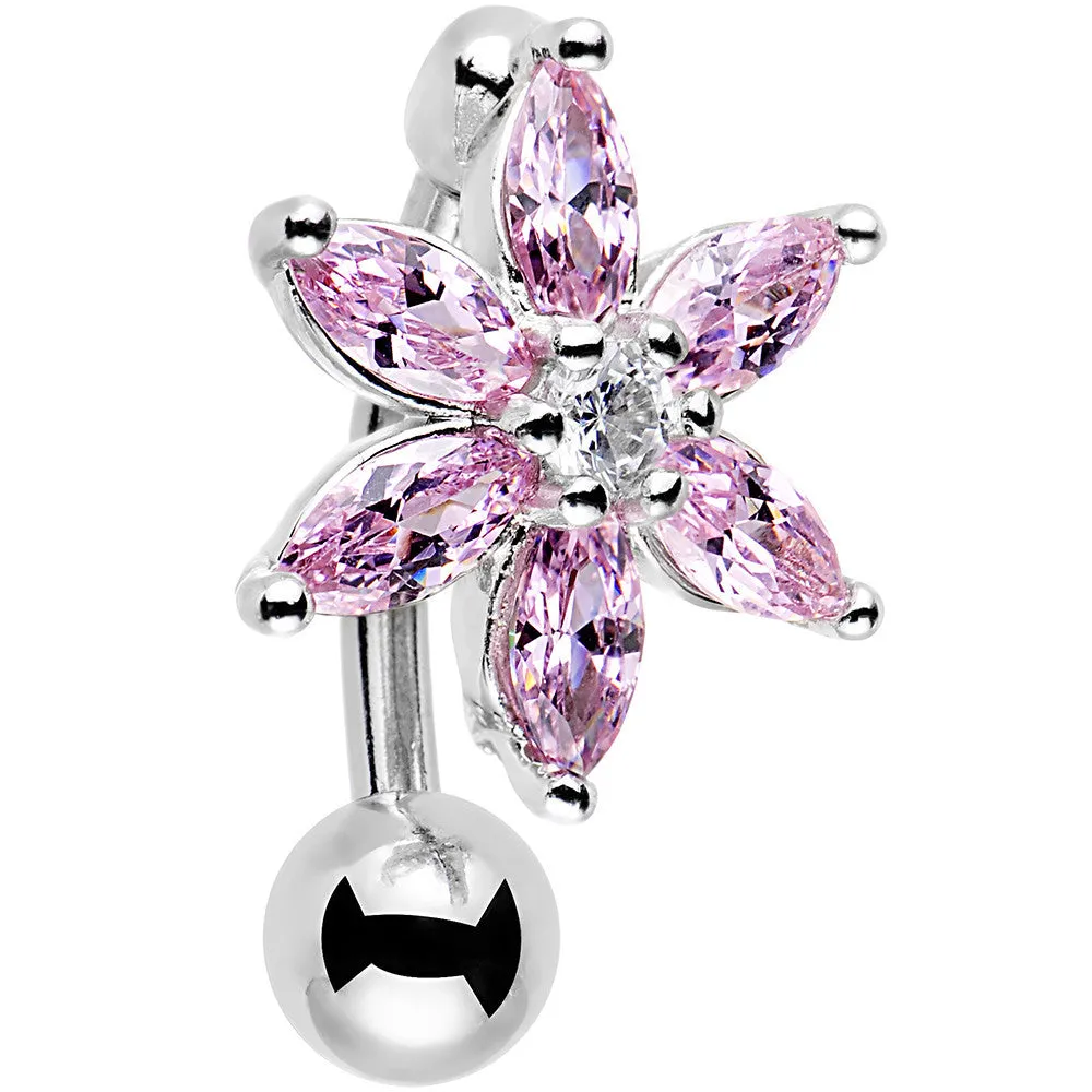 Pink Gem Lily Flower Top Mount Dangle Belly Ring