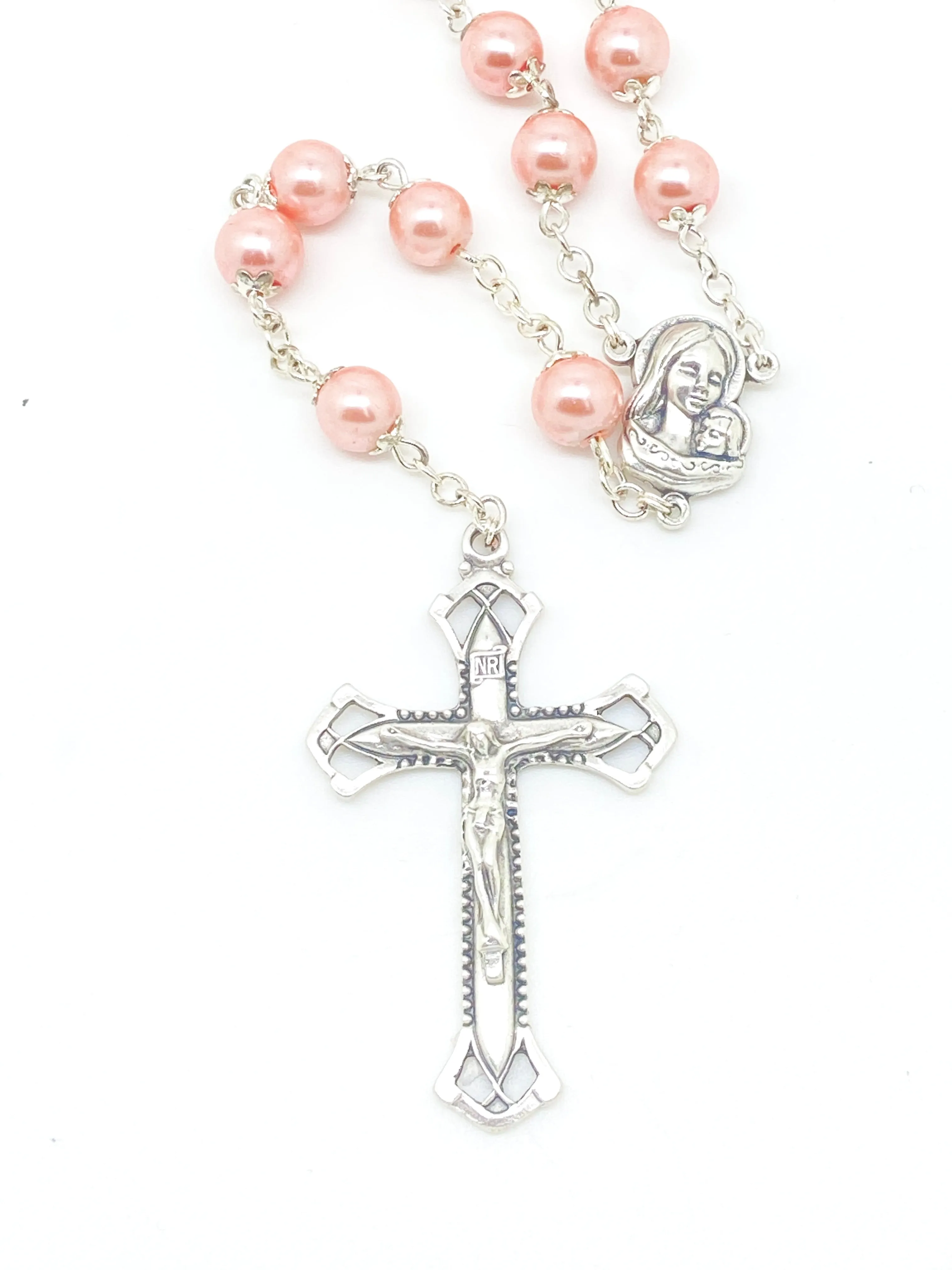Pink Silver Capped Glass Bead Rosary (23")