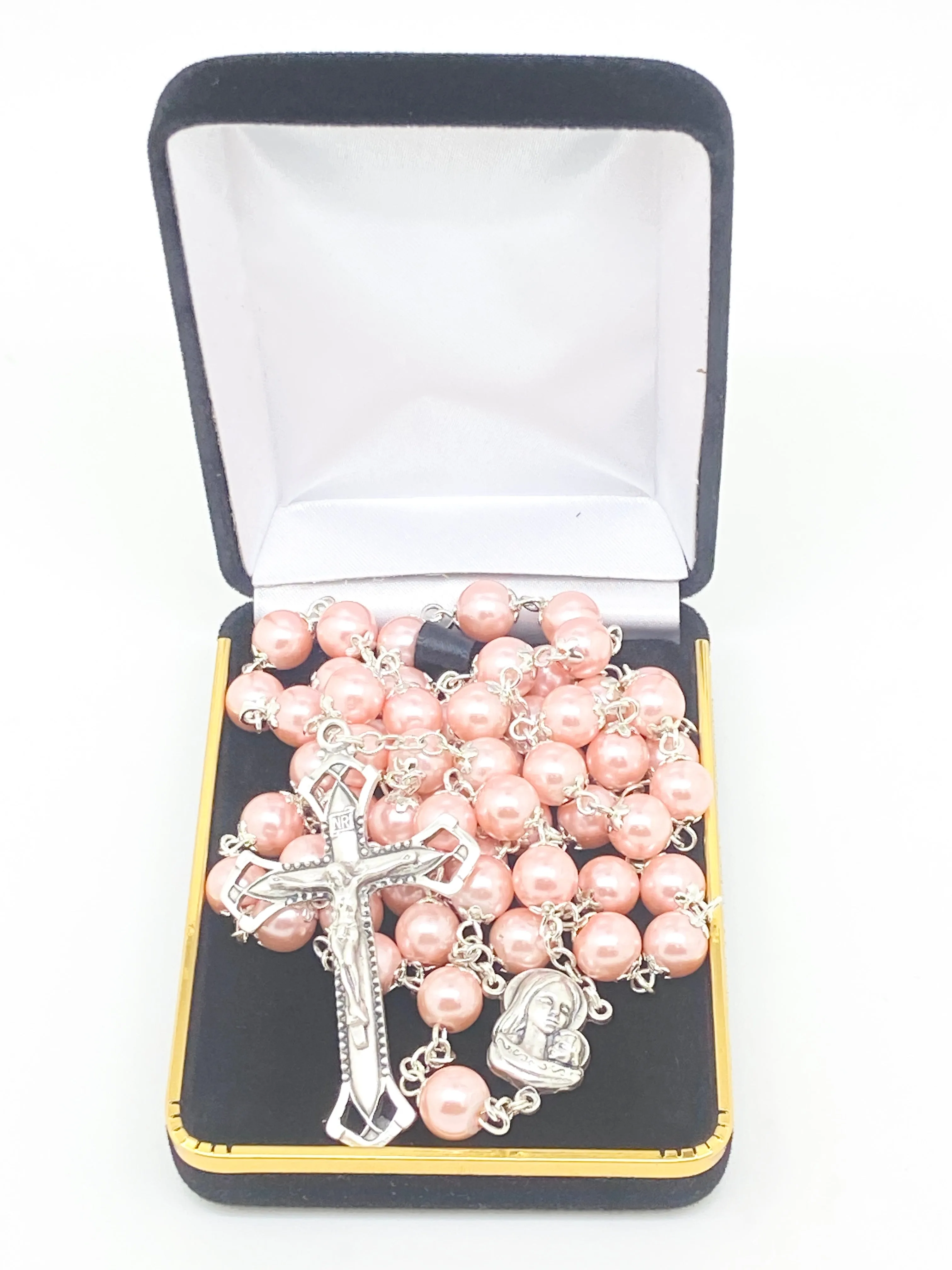 Pink Silver Capped Glass Bead Rosary (23")