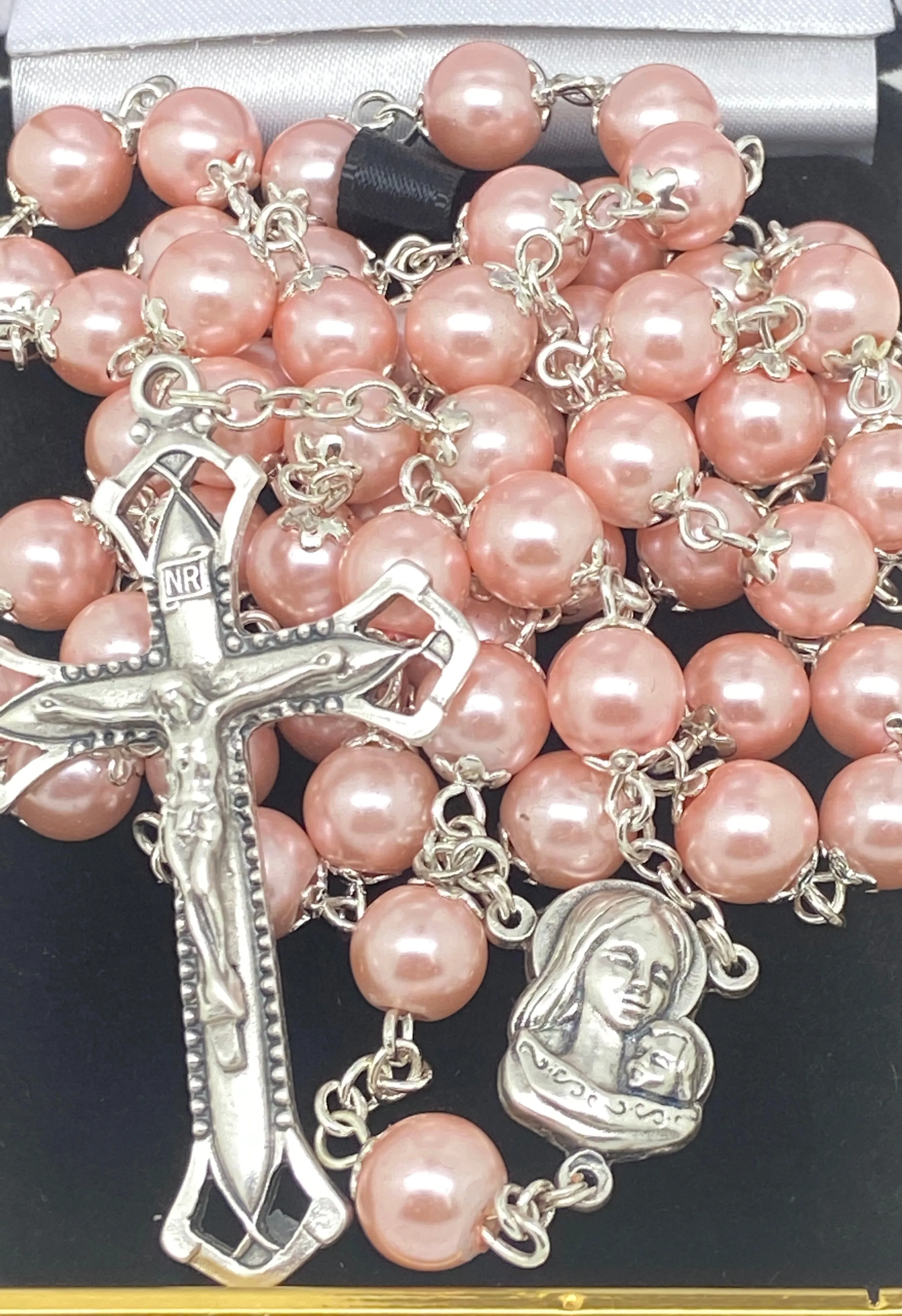 Pink Silver Capped Glass Bead Rosary (23")