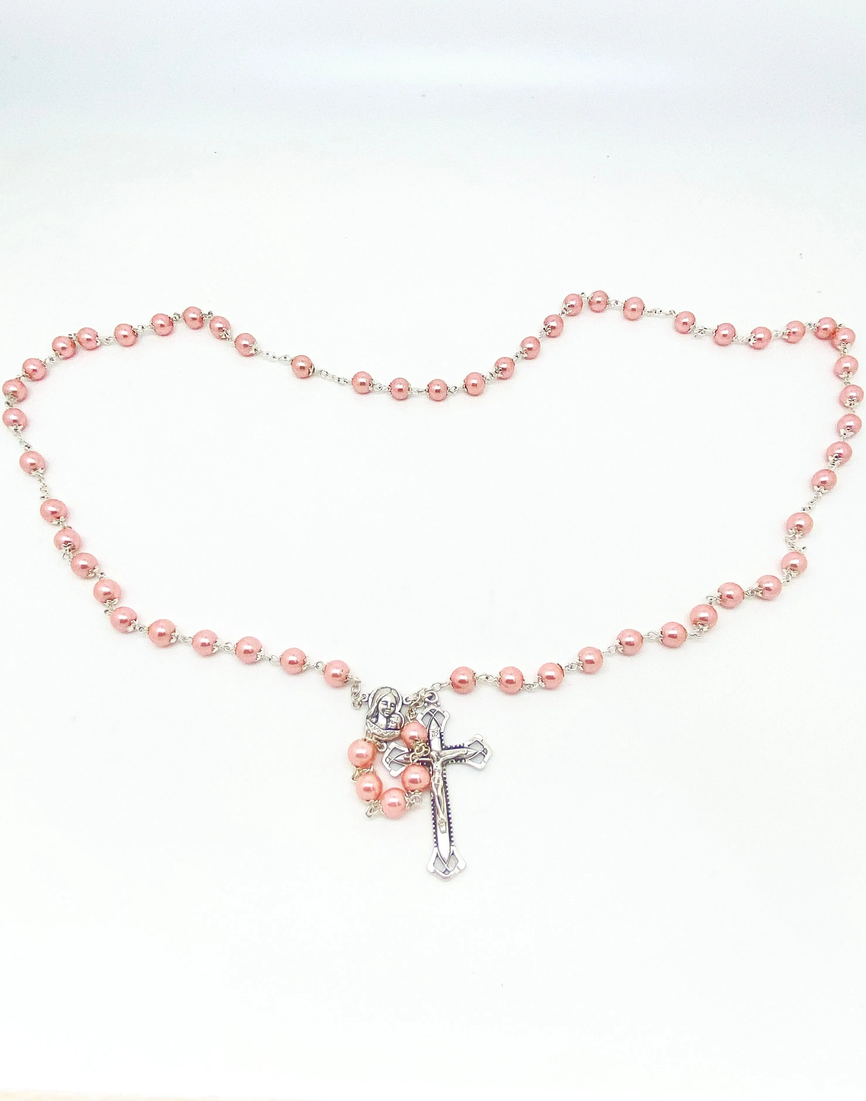 Pink Silver Capped Glass Bead Rosary (23")
