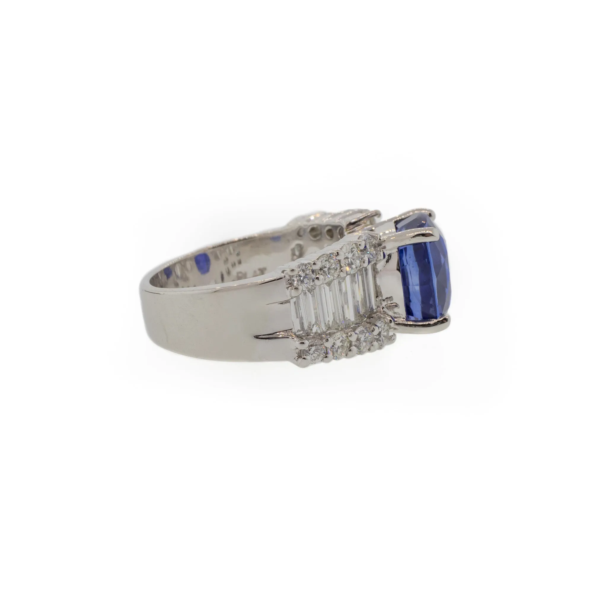 Platinum 5.85 Carat Blue Sapphire and Baguette Diamond Ring