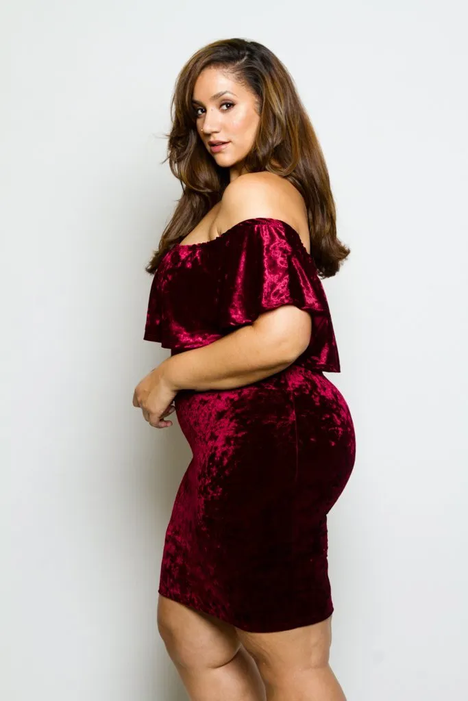 Plus Size Soft Velvet Sexy Off-Shoulder Glam Ruffle Dress