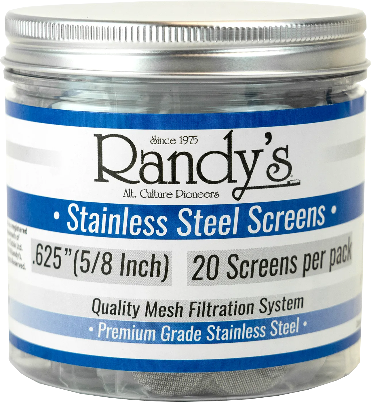 Randy's .625" Stainless Steel Screen Jar - Available In Stainless Steel OR Brass - (36 Packs Per Display)