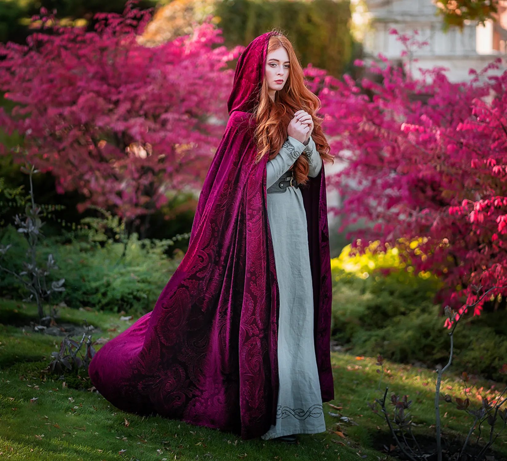 Red magenta velvet fantasy hooded cape