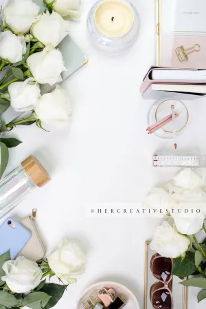 Roses with Desk Accessories and White Space