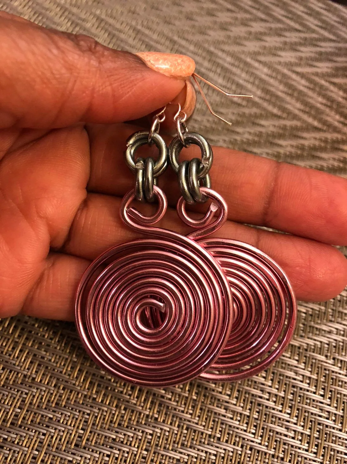 Round Pink & Grey Aluminum Earrings, Medium Circle Disk, sterling silver ear wire