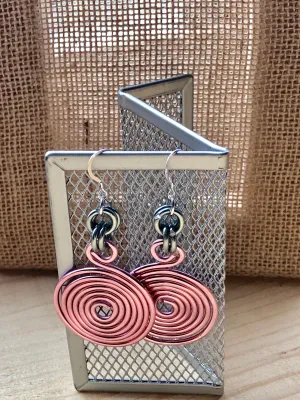 Round Pink & Grey Aluminum Earrings, Medium Circle Disk, sterling silver ear wire