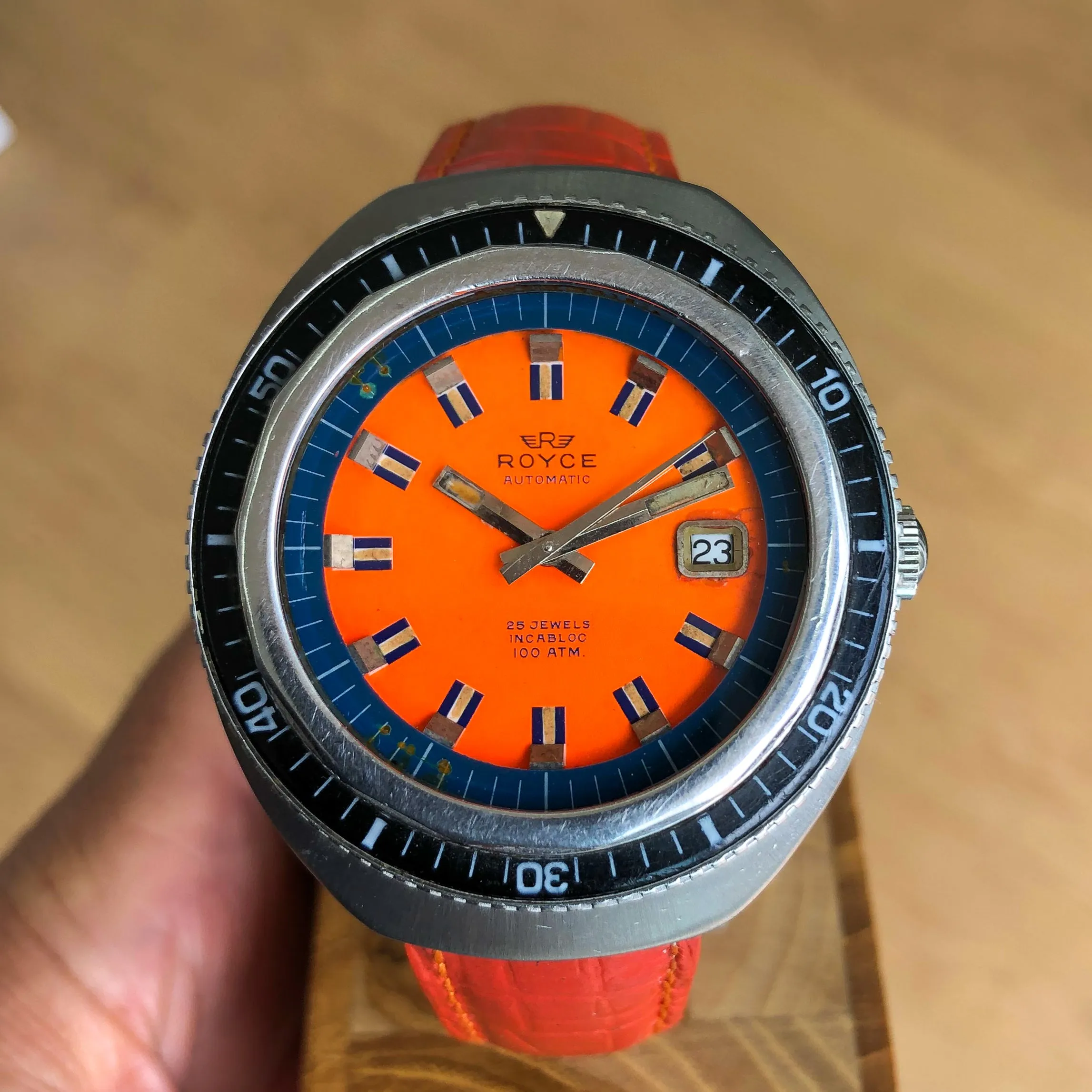 Royce Jumbo Diver Vintage Automatic Orange Rare c. 1970 Steel 43 mm