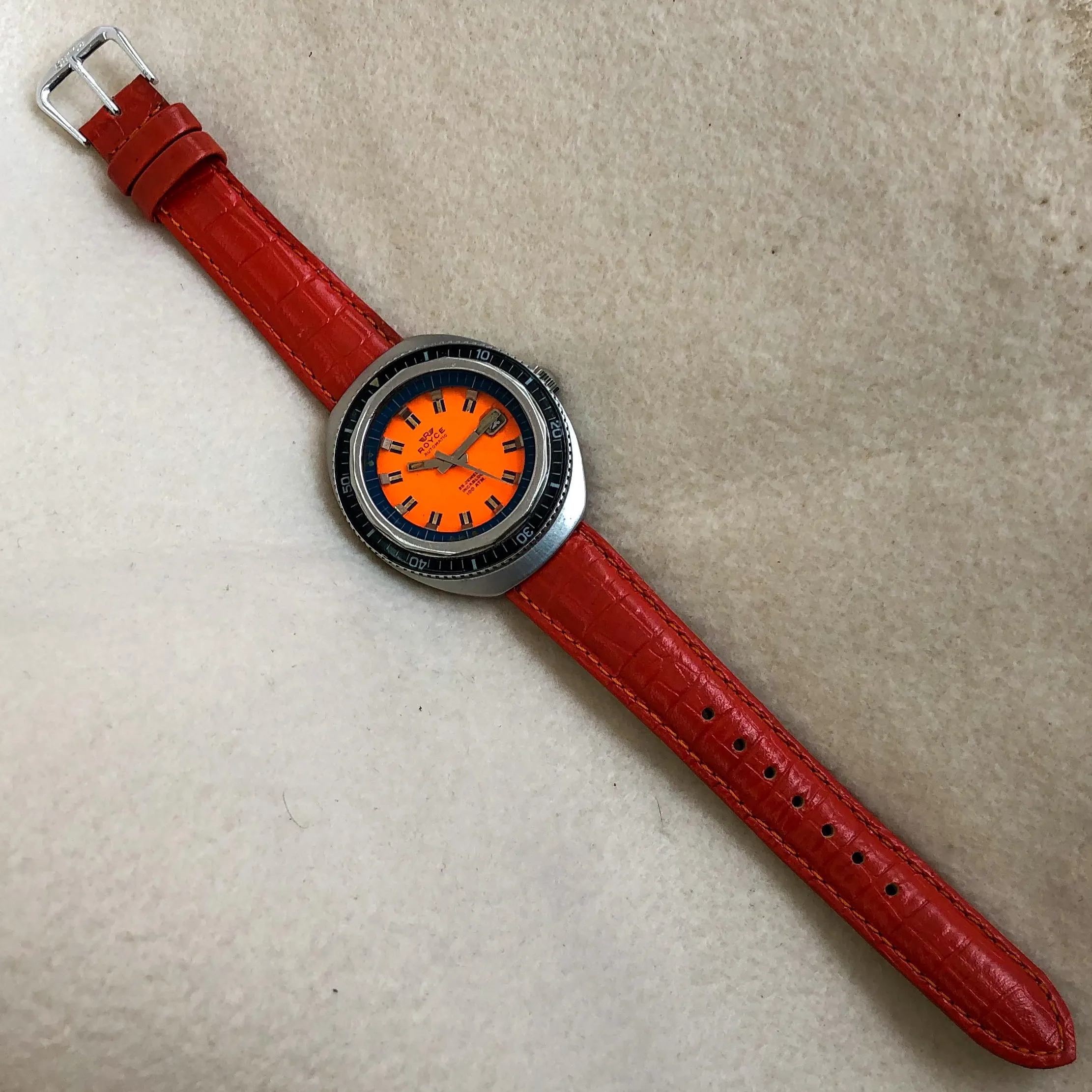 Royce Jumbo Diver Vintage Automatic Orange Rare c. 1970 Steel 43 mm