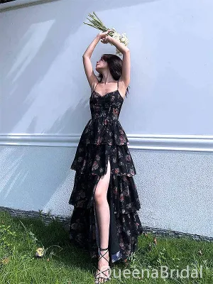Sexy Black Spaghetti Strap Side Slit Ruffles A-Line Evening Long Prom Dresses,WGP463