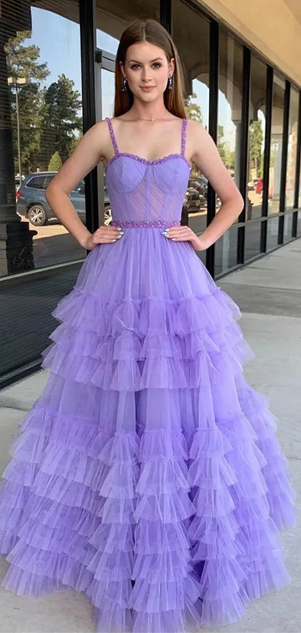 Sexy Light Purple Spaghetti Straps Ruffle Tulle A- Line Long Evening Prom Dresses,WGP508