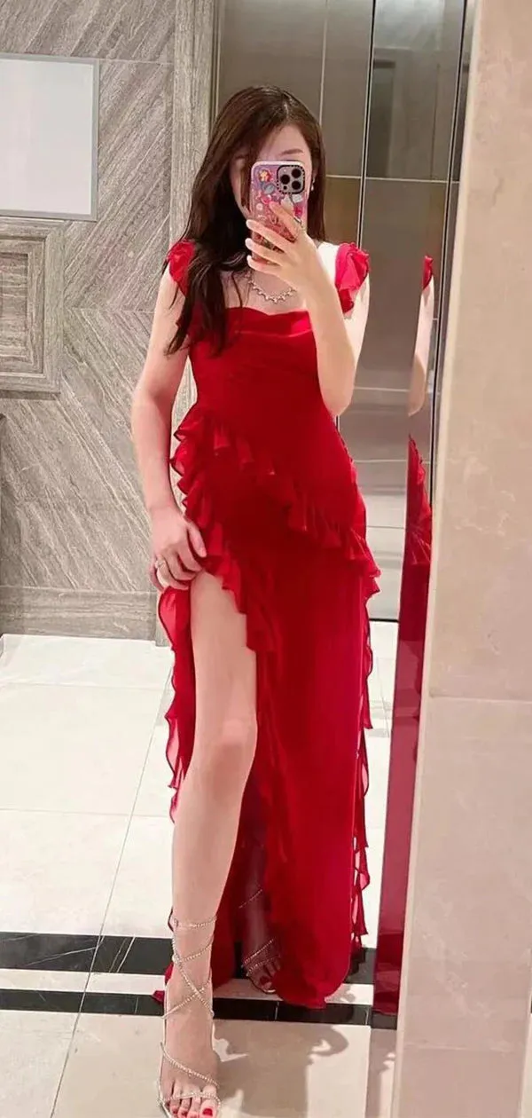 Sexy Red Spaghetti Straps Mermaid Ruffles Side Slit Long Evening Prom Dresses,WGP447