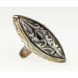 Silver Afghan Almond Shaped Plaque Ring with Brass and Niello Accents Size 6.5