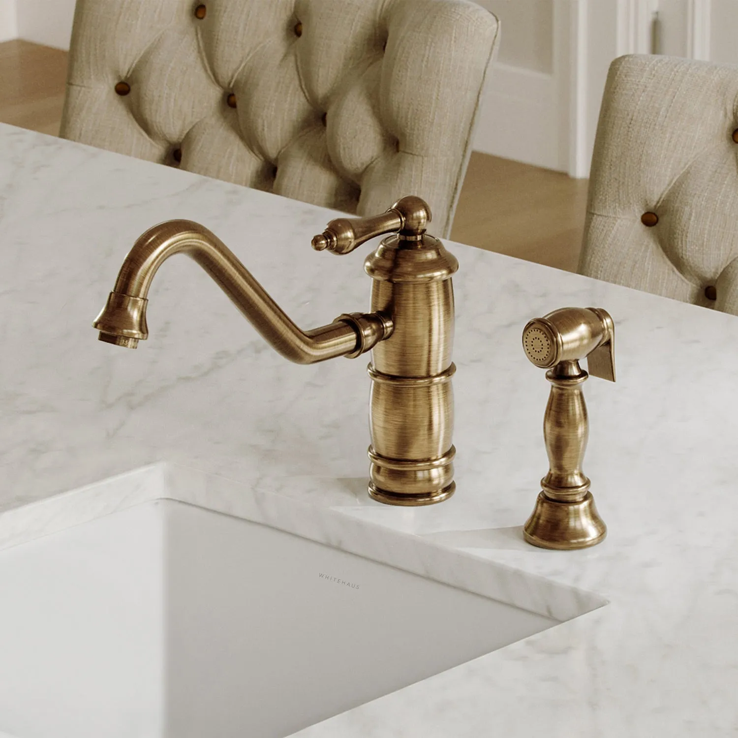Single lever faucet with traditional swivel spout and solid brass side spray