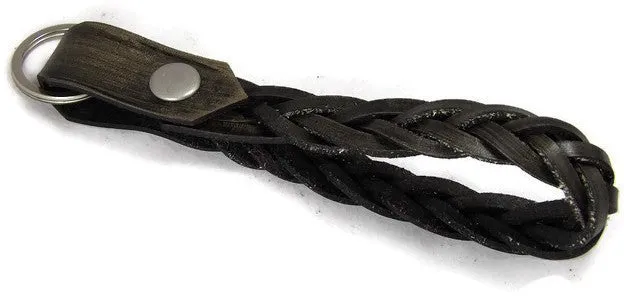 Smoke Black Braided Leather Loop Snap Key Chain Free Gift Wrap