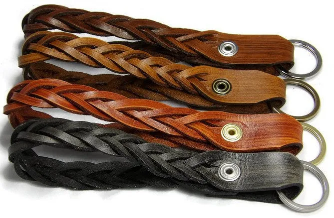 Smoke Black Braided Leather Loop Snap Key Chain Free Gift Wrap