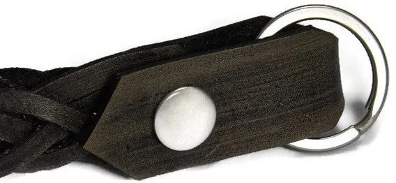 Smoke Black Braided Leather Loop Snap Key Chain Free Gift Wrap
