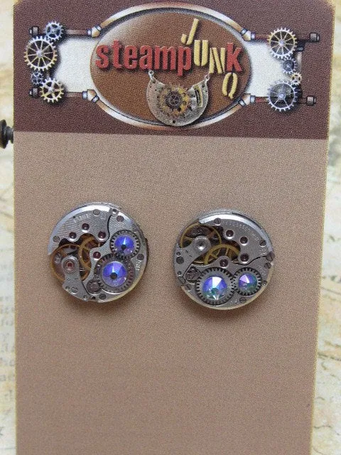 Steampunk Stud Earrings with Mechanical Watch Movement, Steampunk Earrings , Steampunk jewelry
