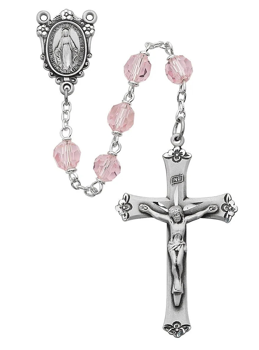 Sterling Silver Pink Crystal Tin cut Rosary (7mm)