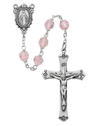 Sterling Silver Pink Crystal Tin cut Rosary (7mm)