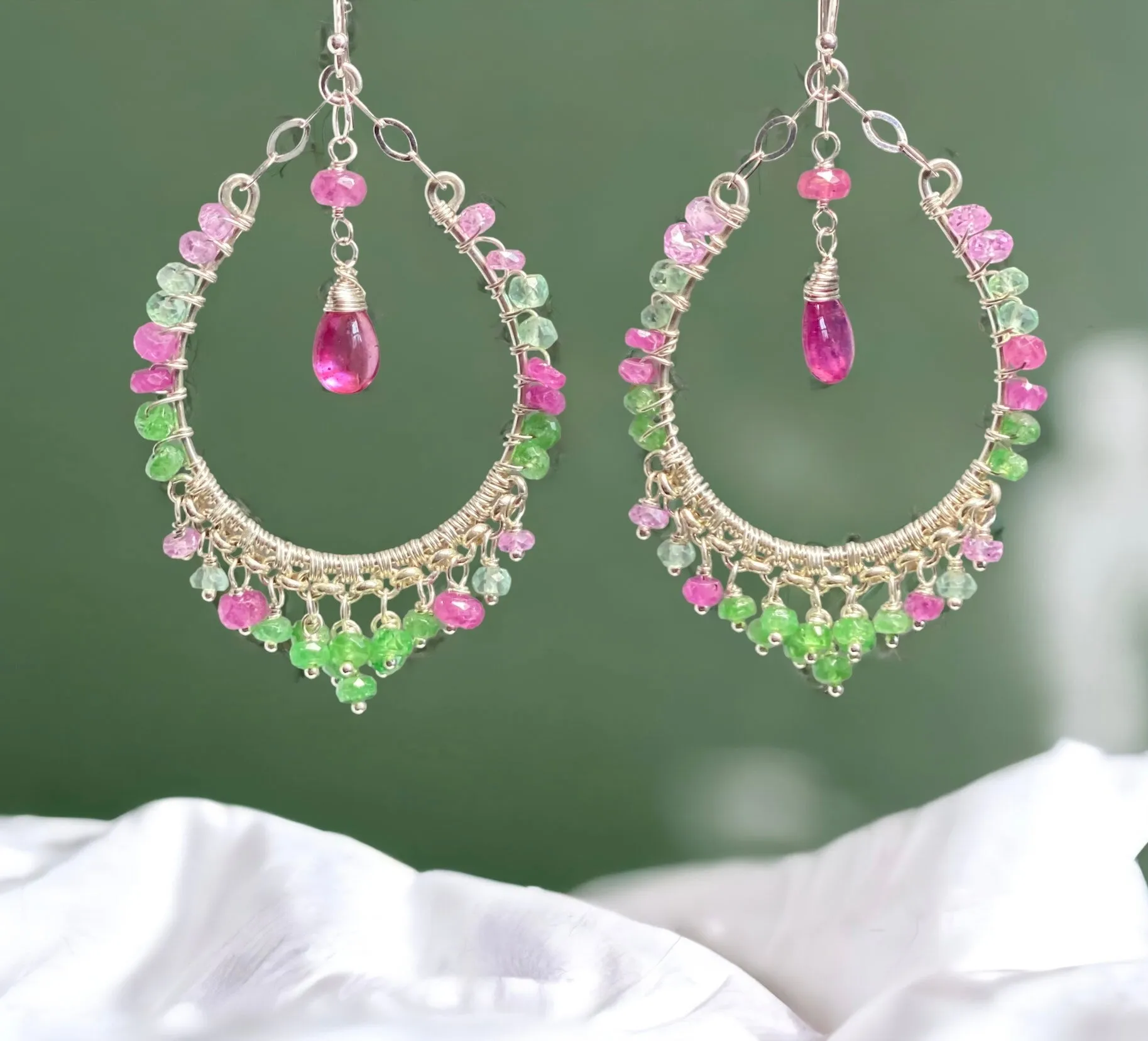 Sterling Silver Pink Sapphire Tsavorite Hoop Earrings