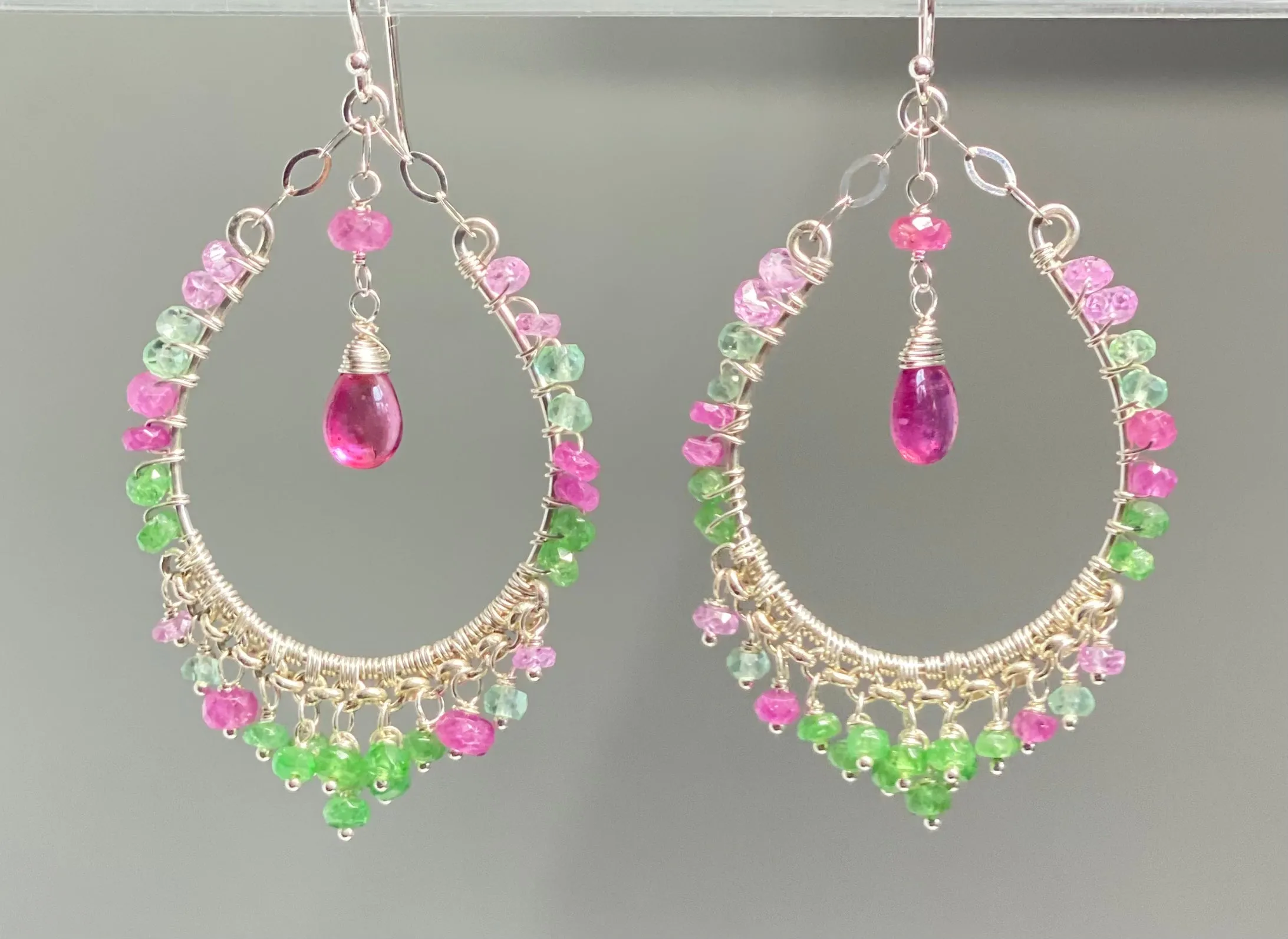 Sterling Silver Pink Sapphire Tsavorite Hoop Earrings