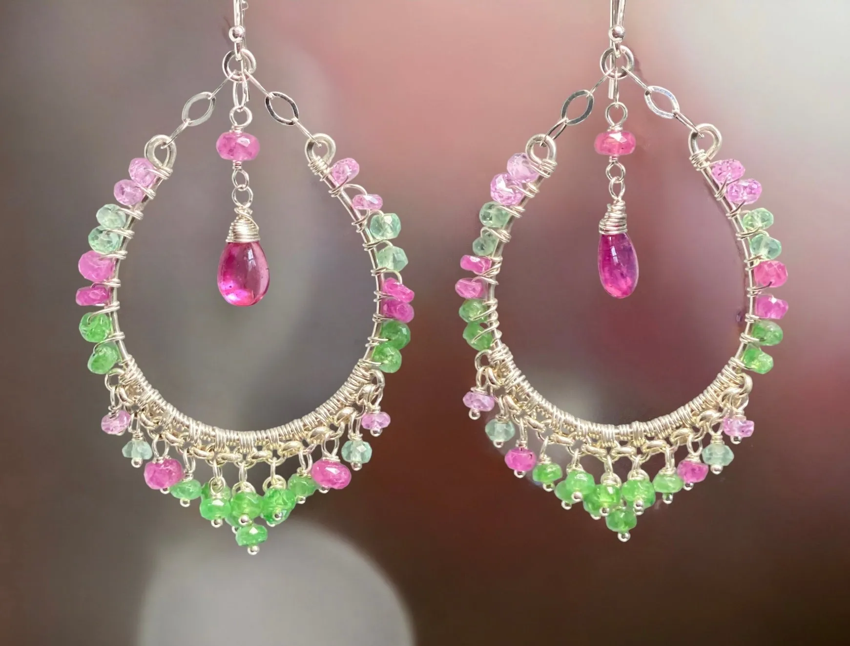Sterling Silver Pink Sapphire Tsavorite Hoop Earrings