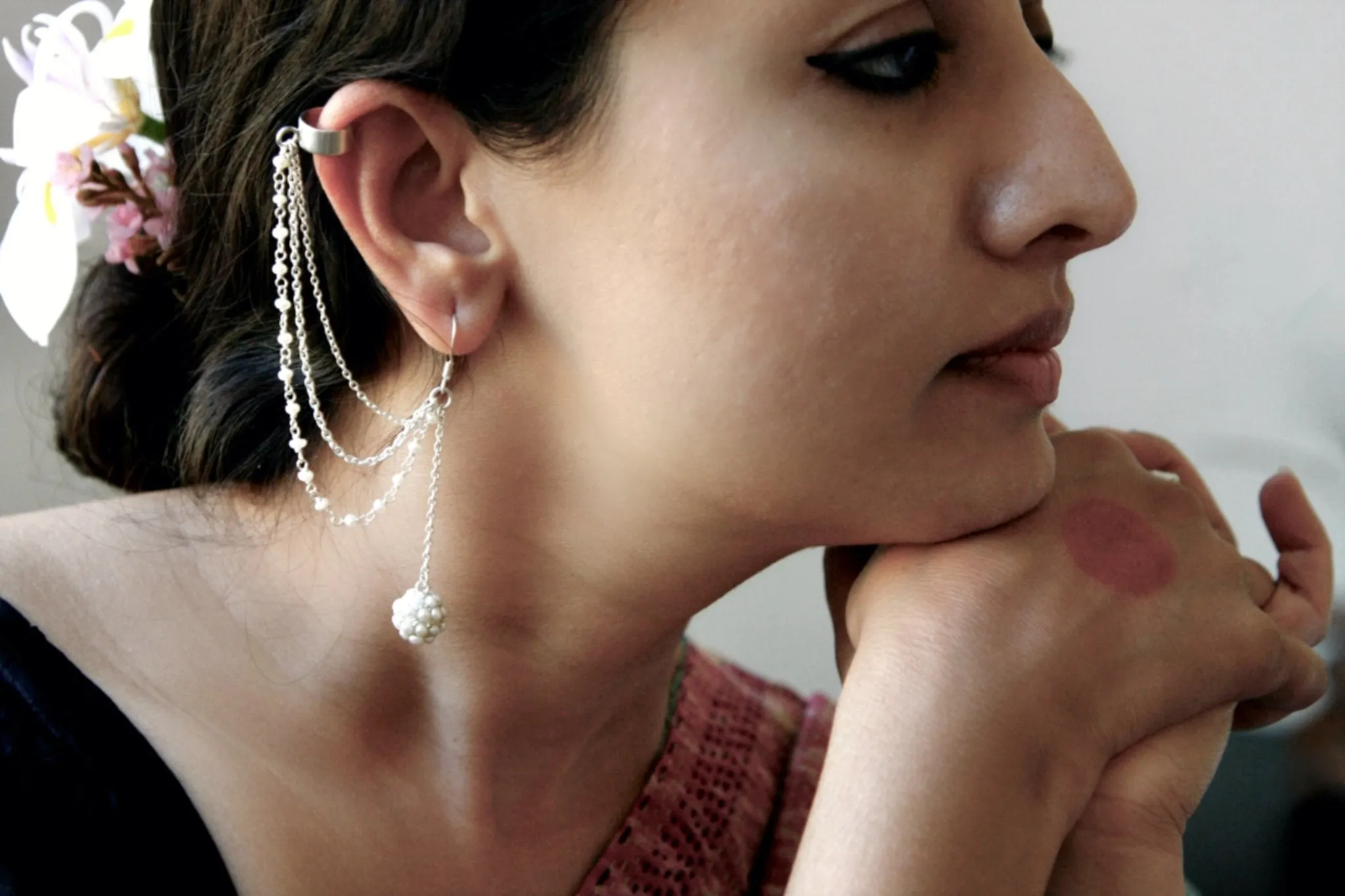 Stunning, pearl-encrusted, dangling ear cuffs