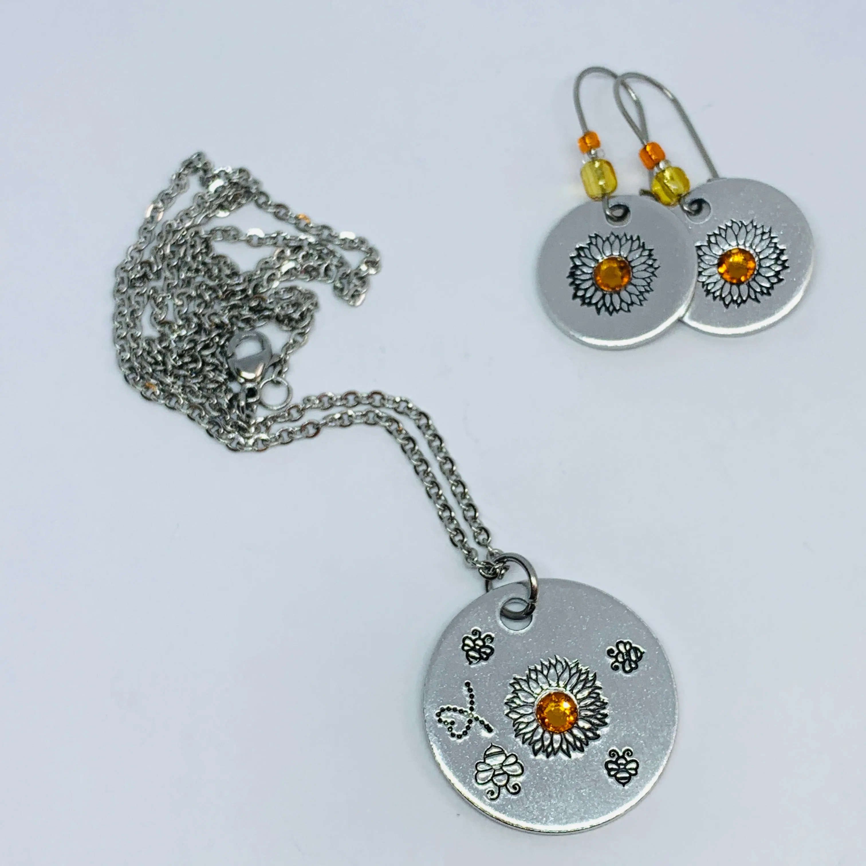 Sunflower and Bumblebees with Swarovski Crystal - Hand Stamped Necklace
