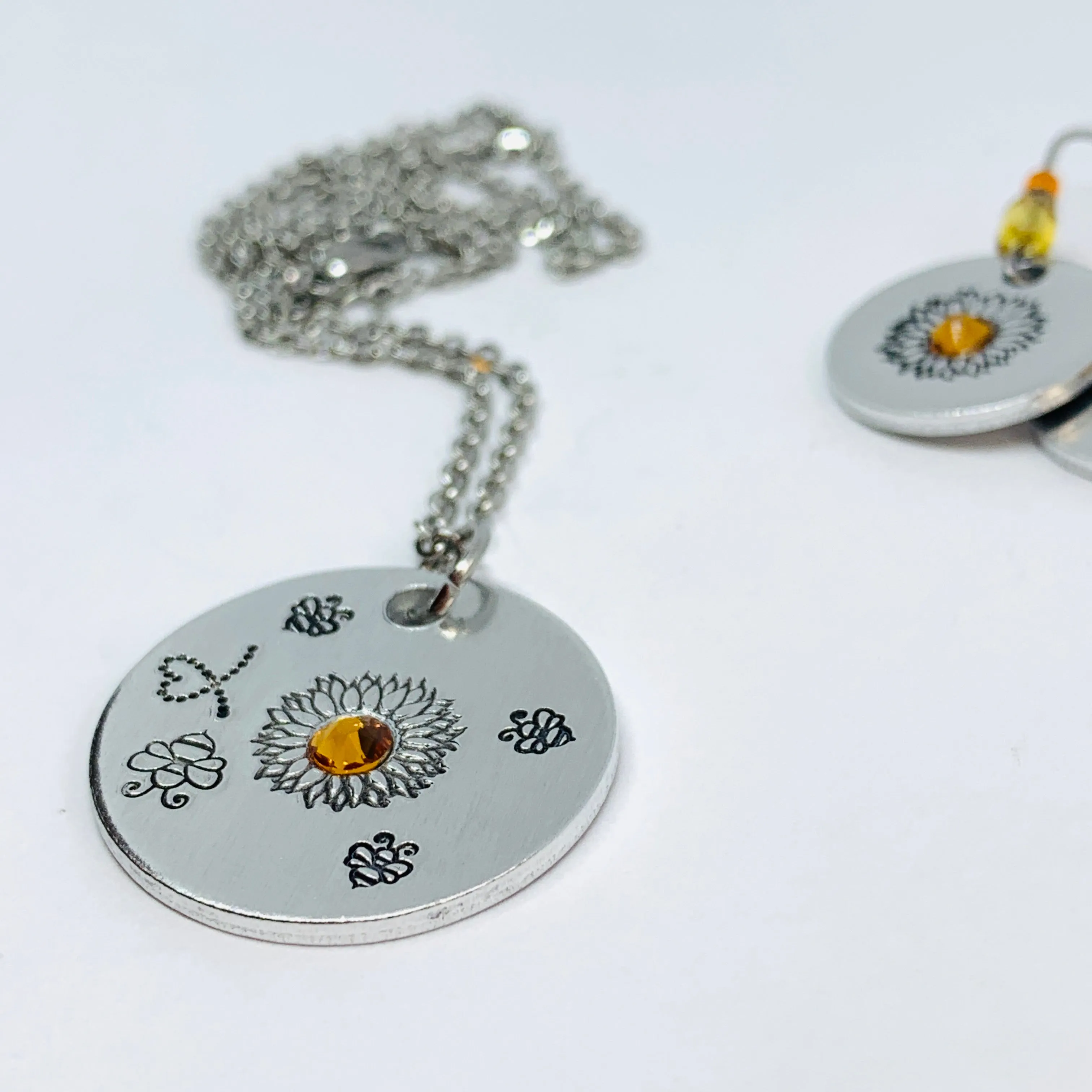Sunflower and Bumblebees with Swarovski Crystal - Hand Stamped Necklace