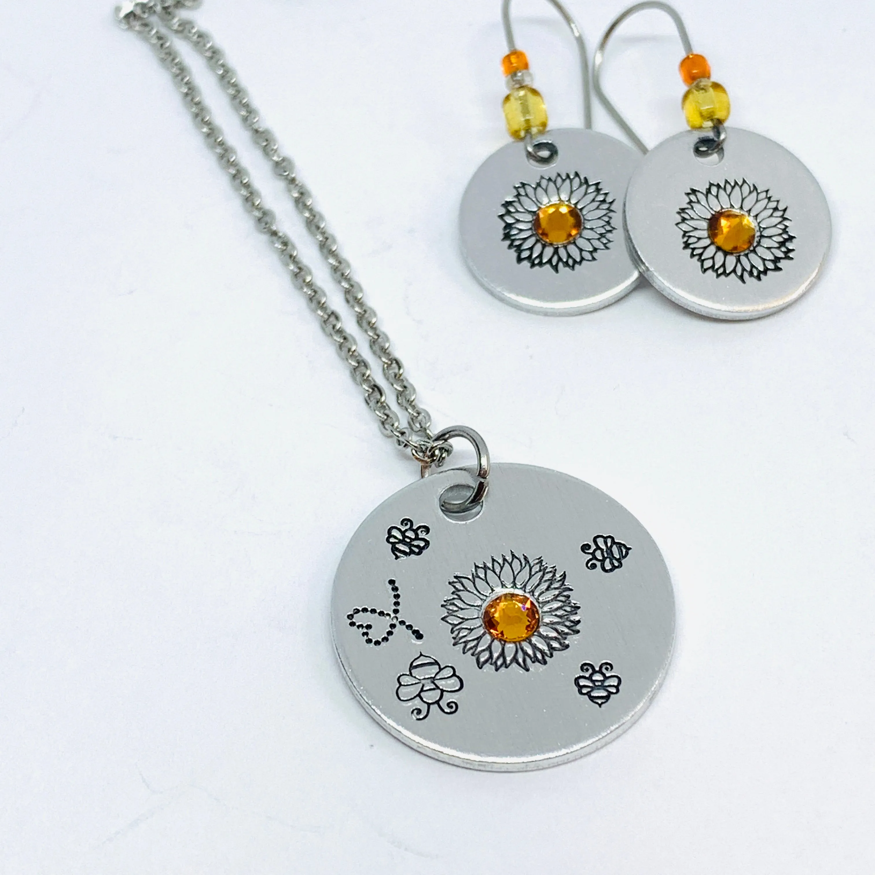 Sunflower and Bumblebees with Swarovski Crystal - Hand Stamped Necklace