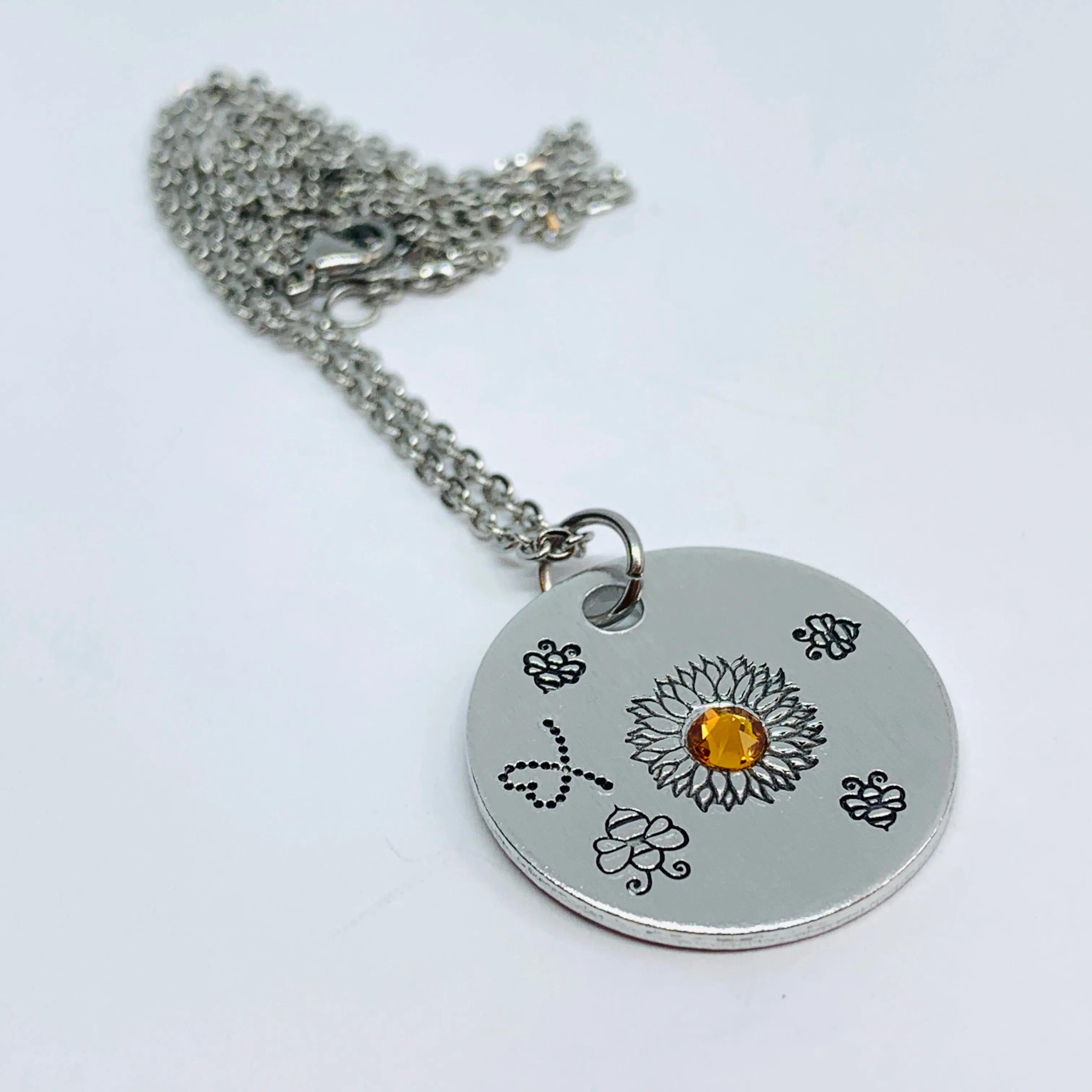 Sunflower and Bumblebees with Swarovski Crystal - Hand Stamped Necklace
