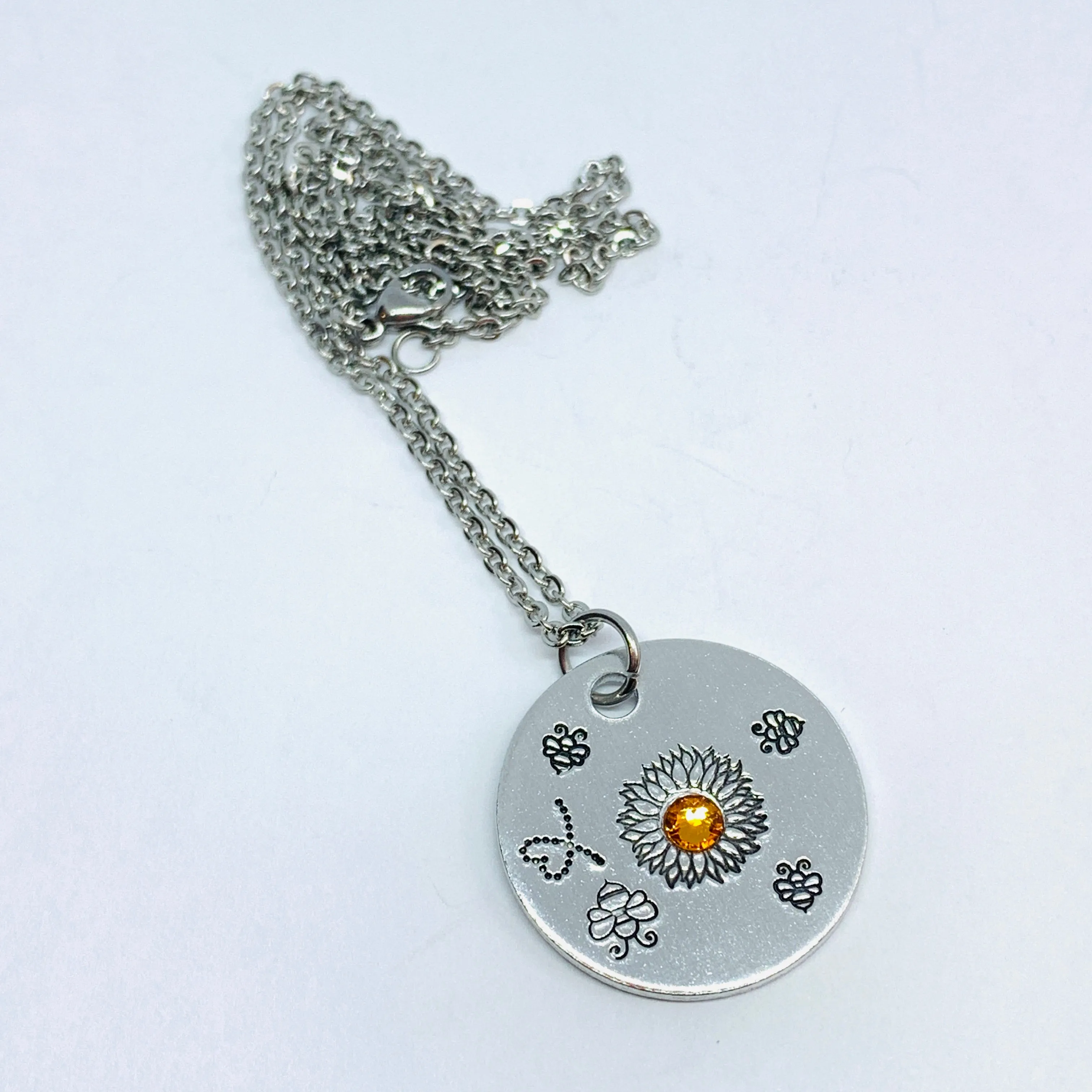 Sunflower and Bumblebees with Swarovski Crystal - Hand Stamped Necklace