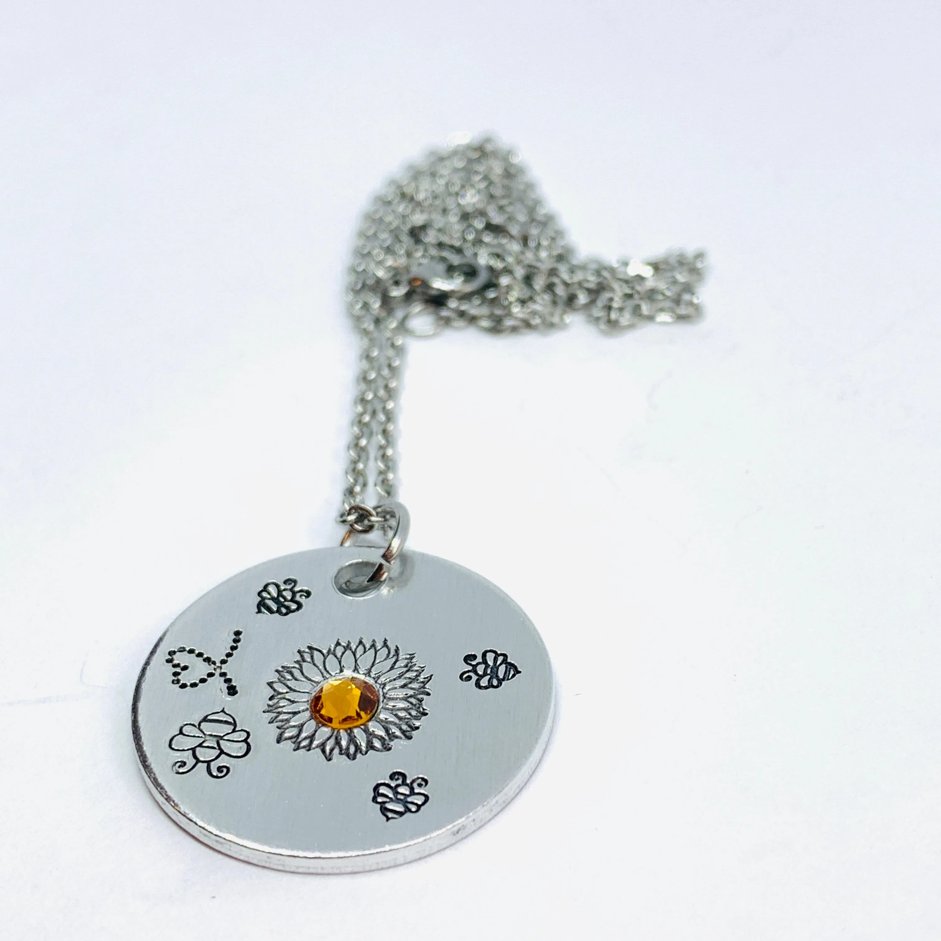 Sunflower and Bumblebees with Swarovski Crystal - Hand Stamped Necklace