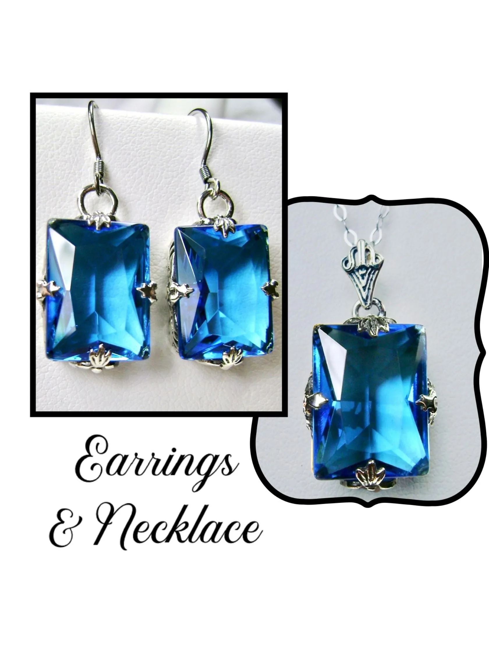 Swiss Blue Topaz Jewelry Set, Rectangle Art Deco Ensemble includes Earrings & Pendant #S15