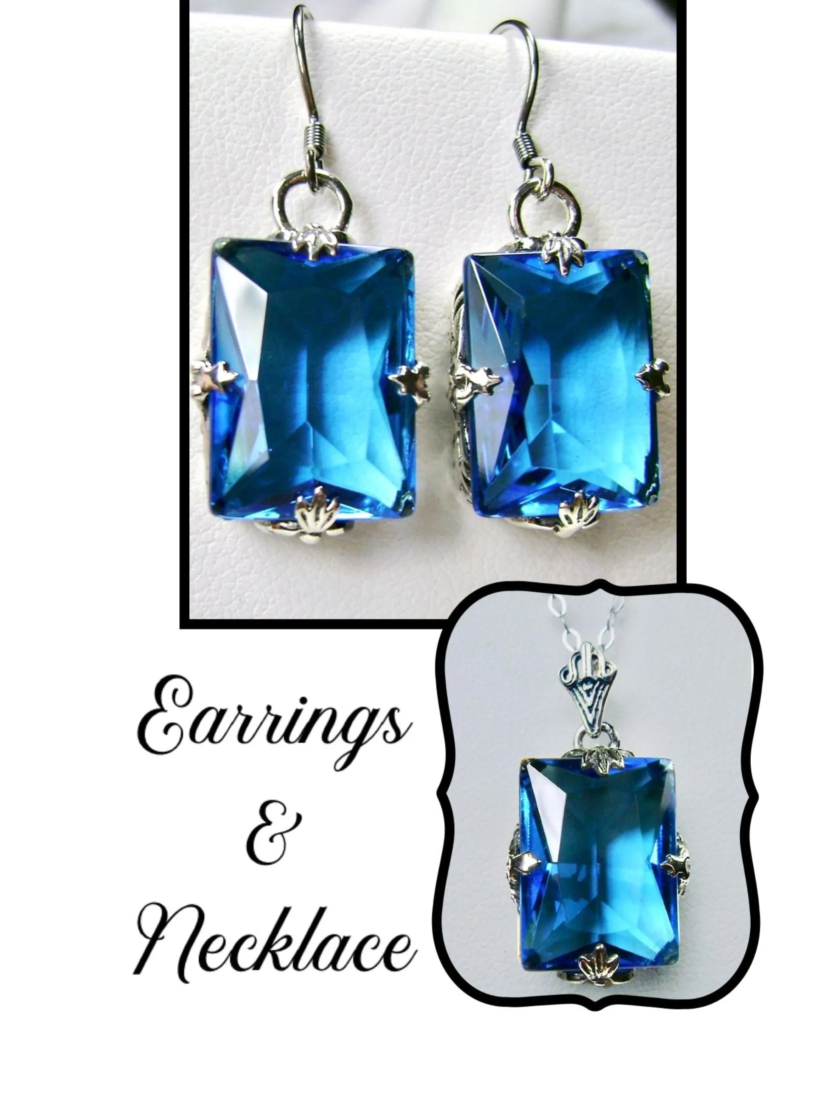 Swiss Blue Topaz Jewelry Set, Rectangle Art Deco Ensemble includes Earrings & Pendant #S15