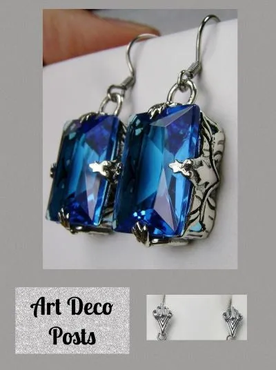 Swiss Blue Topaz Jewelry Set, Rectangle Art Deco Ensemble includes Earrings & Pendant #S15