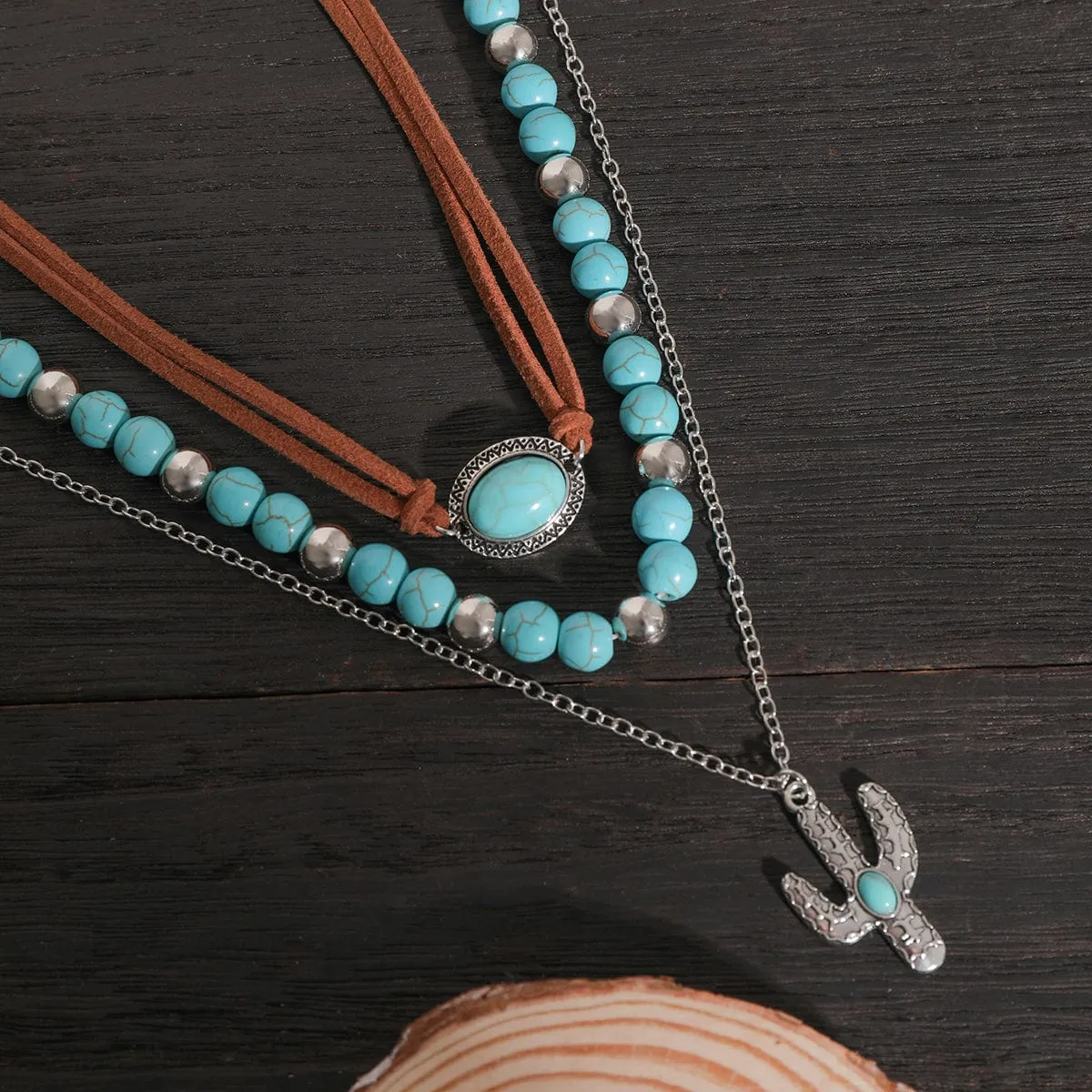 Trendy Layered Turquoise Cactus Pendant Velvet Necklace Set