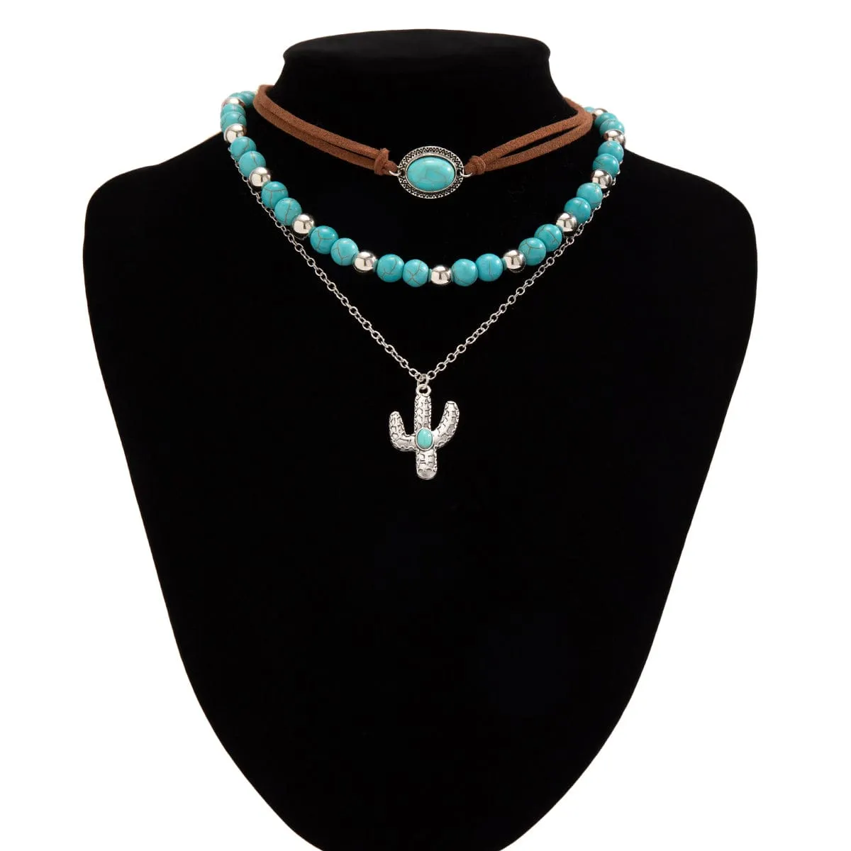 Trendy Layered Turquoise Cactus Pendant Velvet Necklace Set