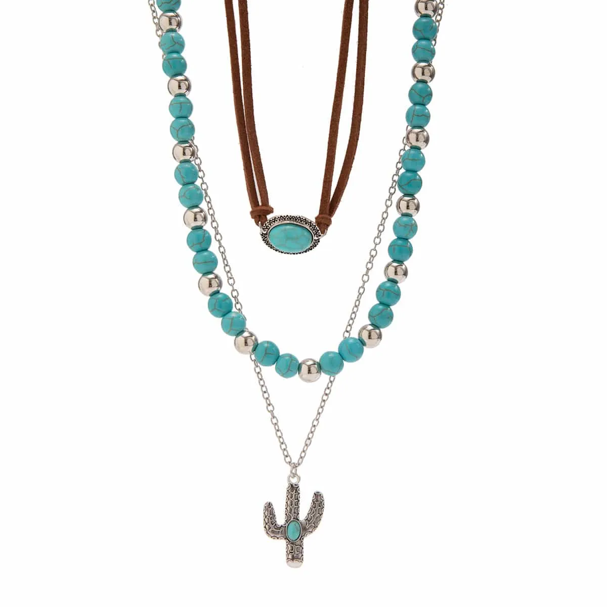 Trendy Layered Turquoise Cactus Pendant Velvet Necklace Set