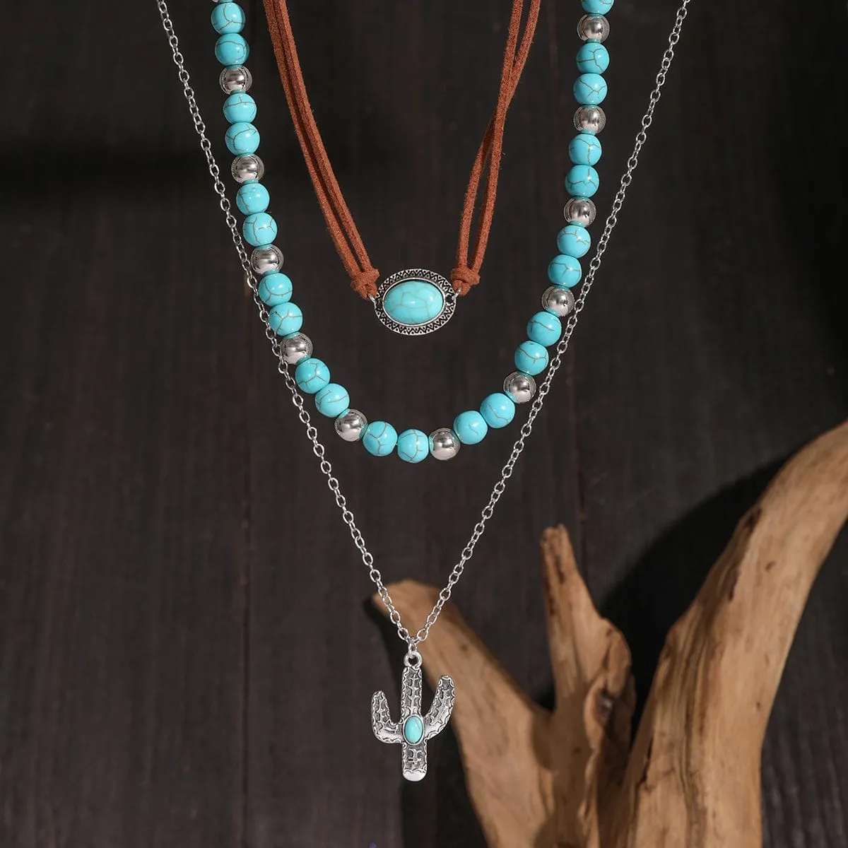 Trendy Layered Turquoise Cactus Pendant Velvet Necklace Set