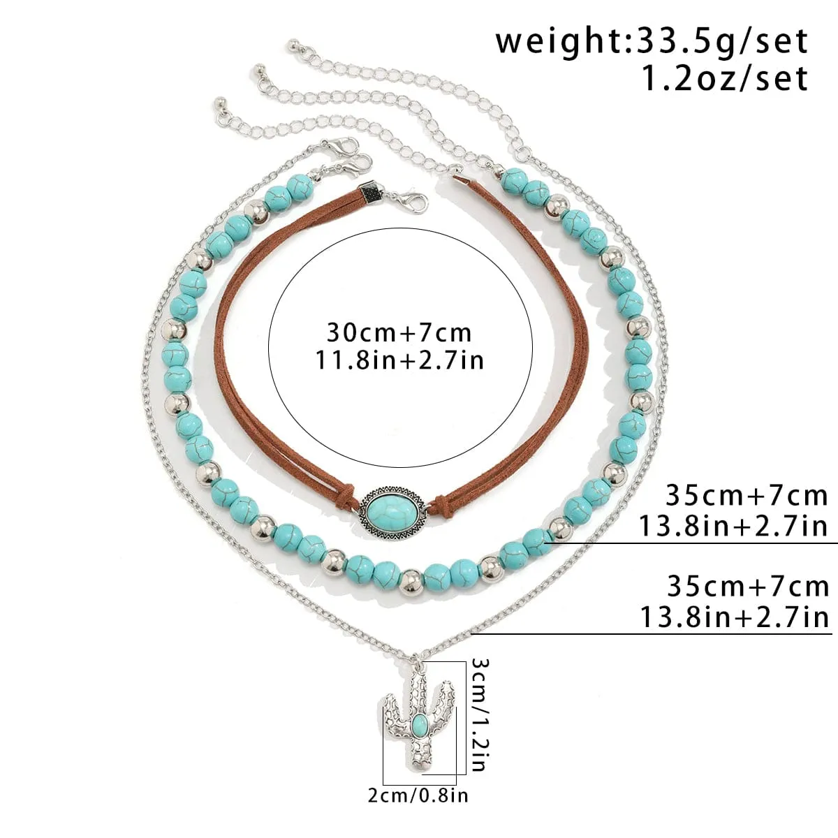 Trendy Layered Turquoise Cactus Pendant Velvet Necklace Set