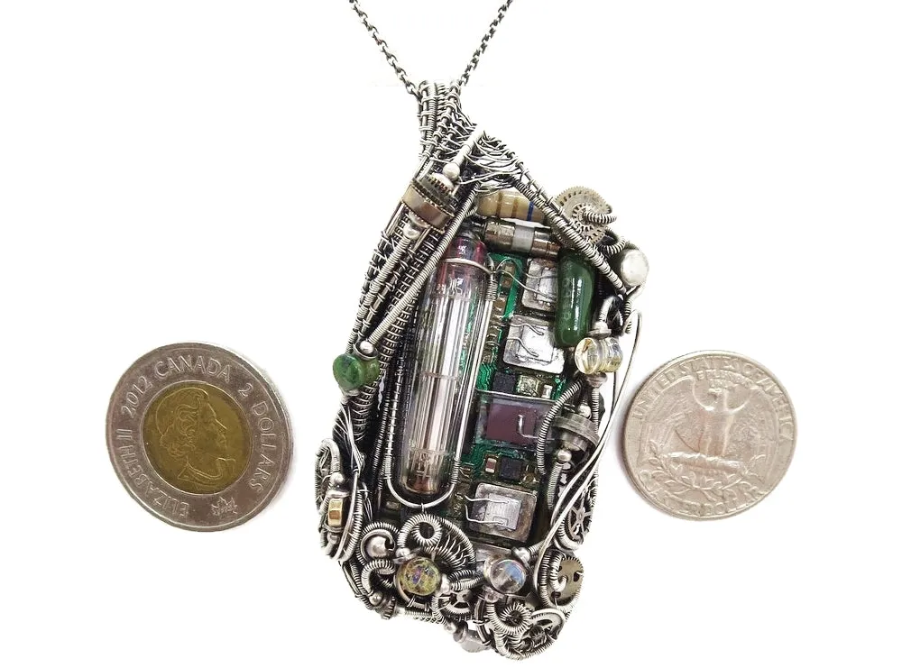 Upcycled Vintage Circuit Board & Vaccum Tube Cyberpunk/Steampunk Fusion Pendant