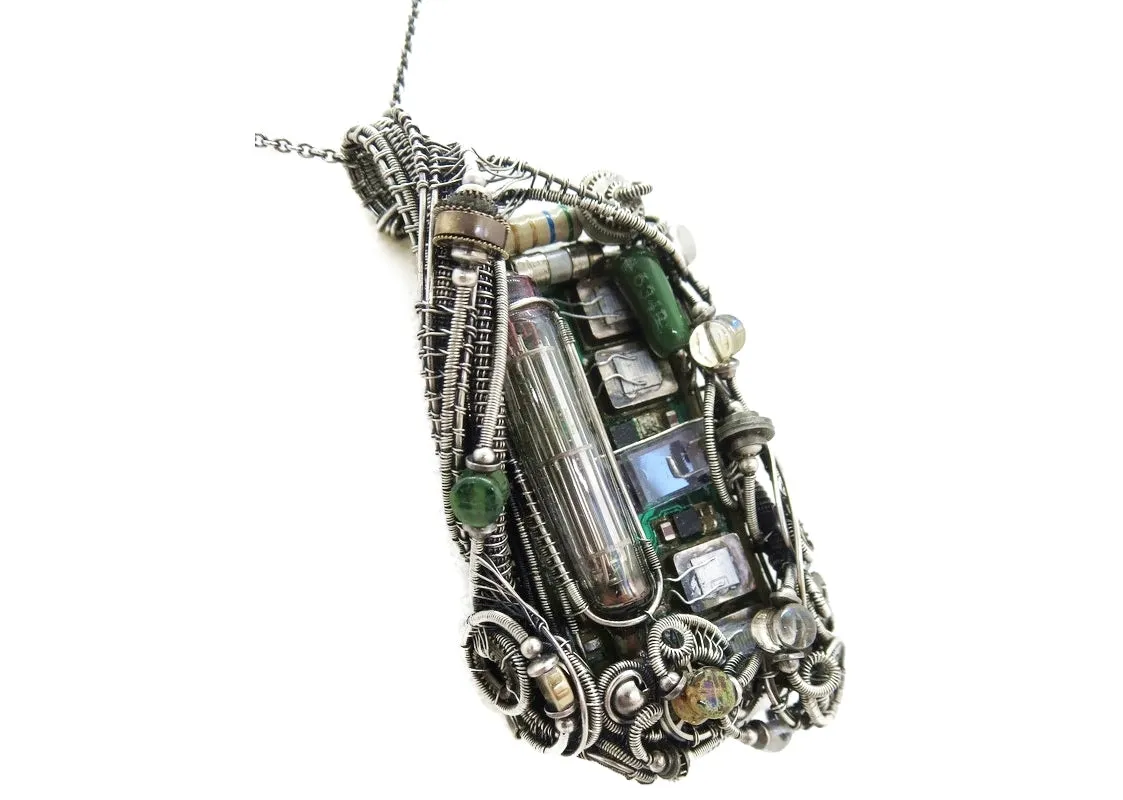 Upcycled Vintage Circuit Board & Vaccum Tube Cyberpunk/Steampunk Fusion Pendant