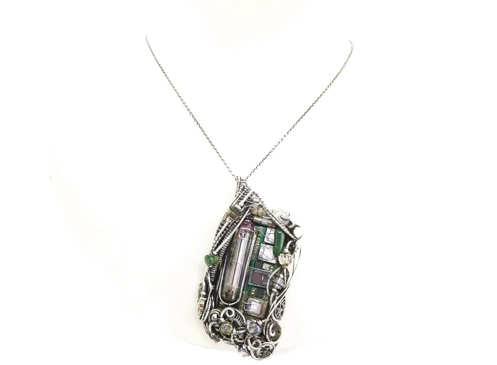 Upcycled Vintage Circuit Board & Vaccum Tube Cyberpunk/Steampunk Fusion Pendant