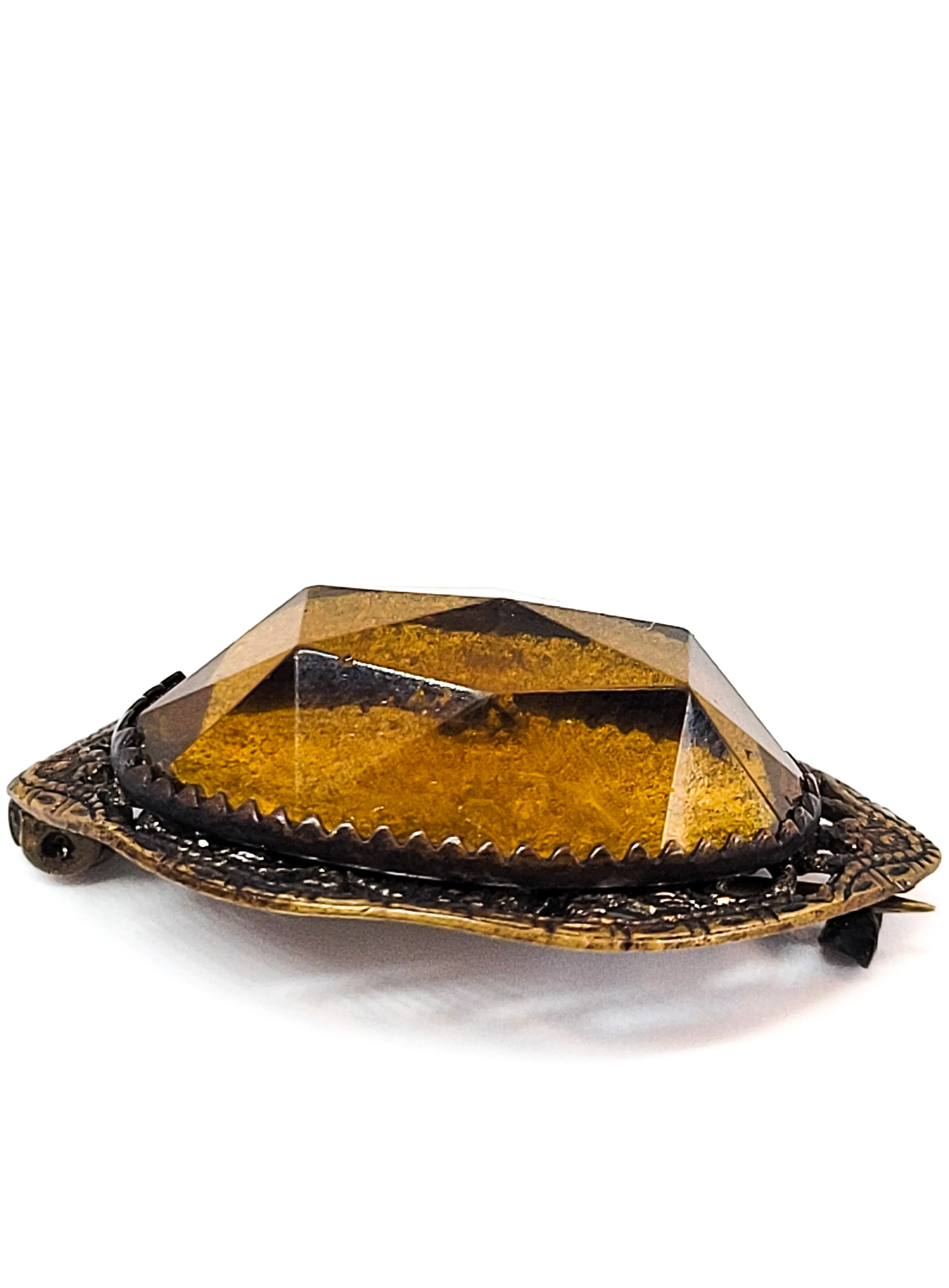 Victorian Citrine glass stamped brass vintage faceted Czech glass brooch pin